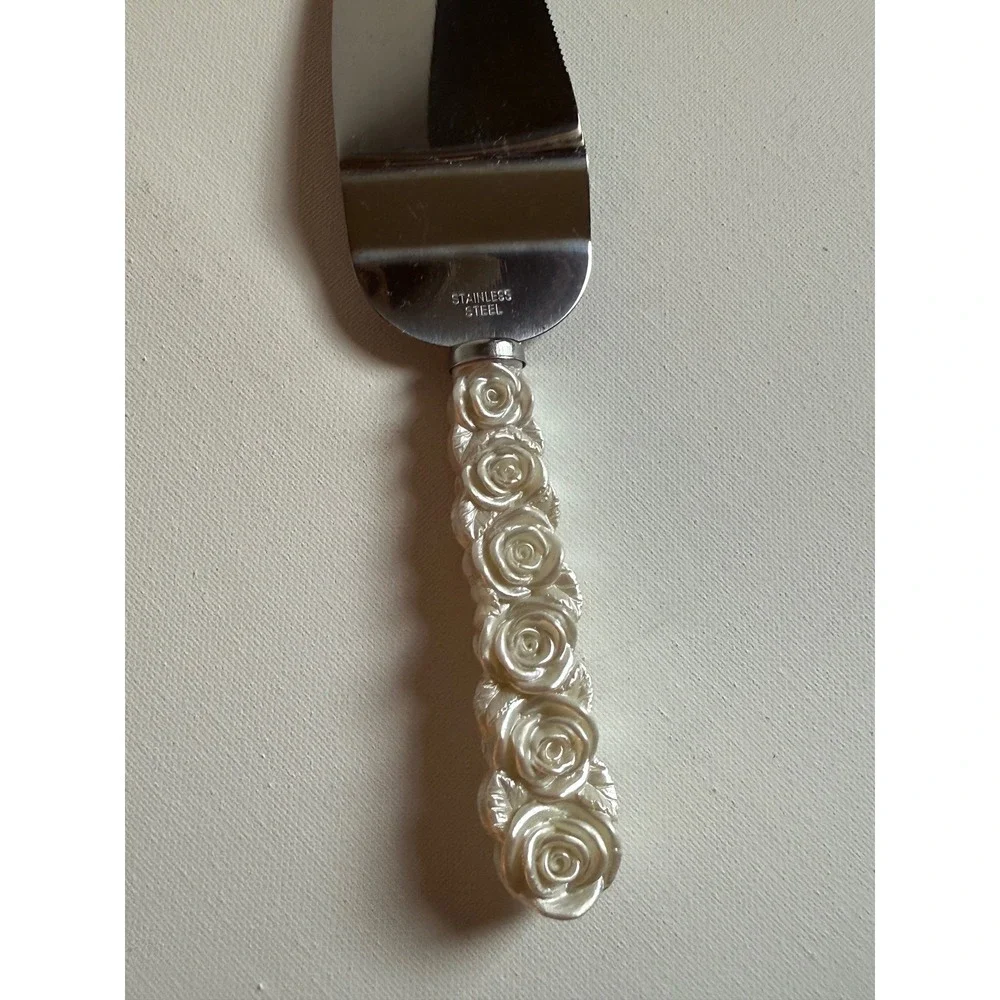 Vintage Rose Handle Stainless Steel Cake Server Pearlescent White Wedding Slicer